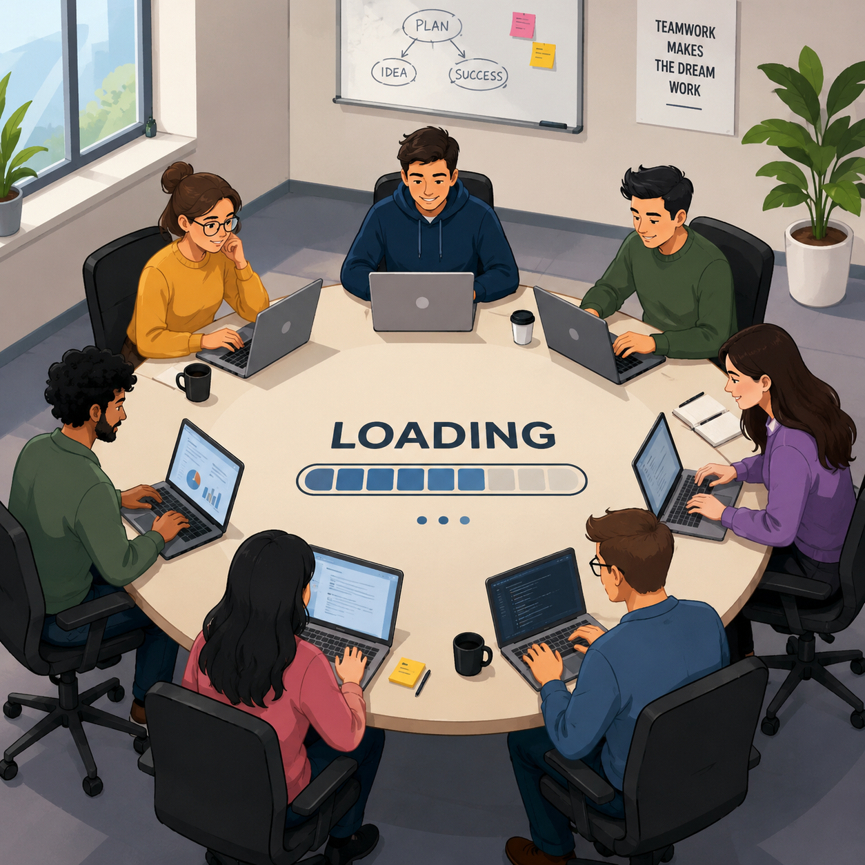Animated people working around a circular loading table